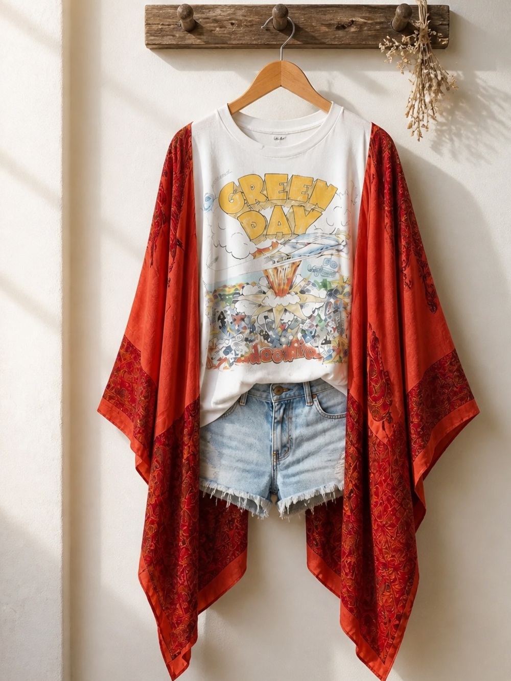 Green Day T Shirt poncho Upcycled w/ vibrant orange silk Kimono Sleeves.